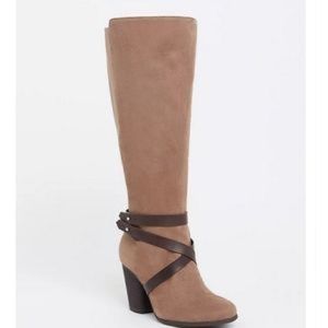 TAUPE FAUX SUEDE KNEE HIGH STRAPPY BOOT 9W